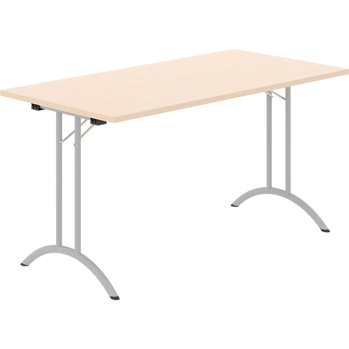 Schäfer Shop Select Klapptisch, Rechteck, Doppel-T-Fußgestell, Spezial-Klappbeschlag & Bodenausgleich, B 1400 x T 700 x H 720 mm, Ahorn-Dekor/alusilber