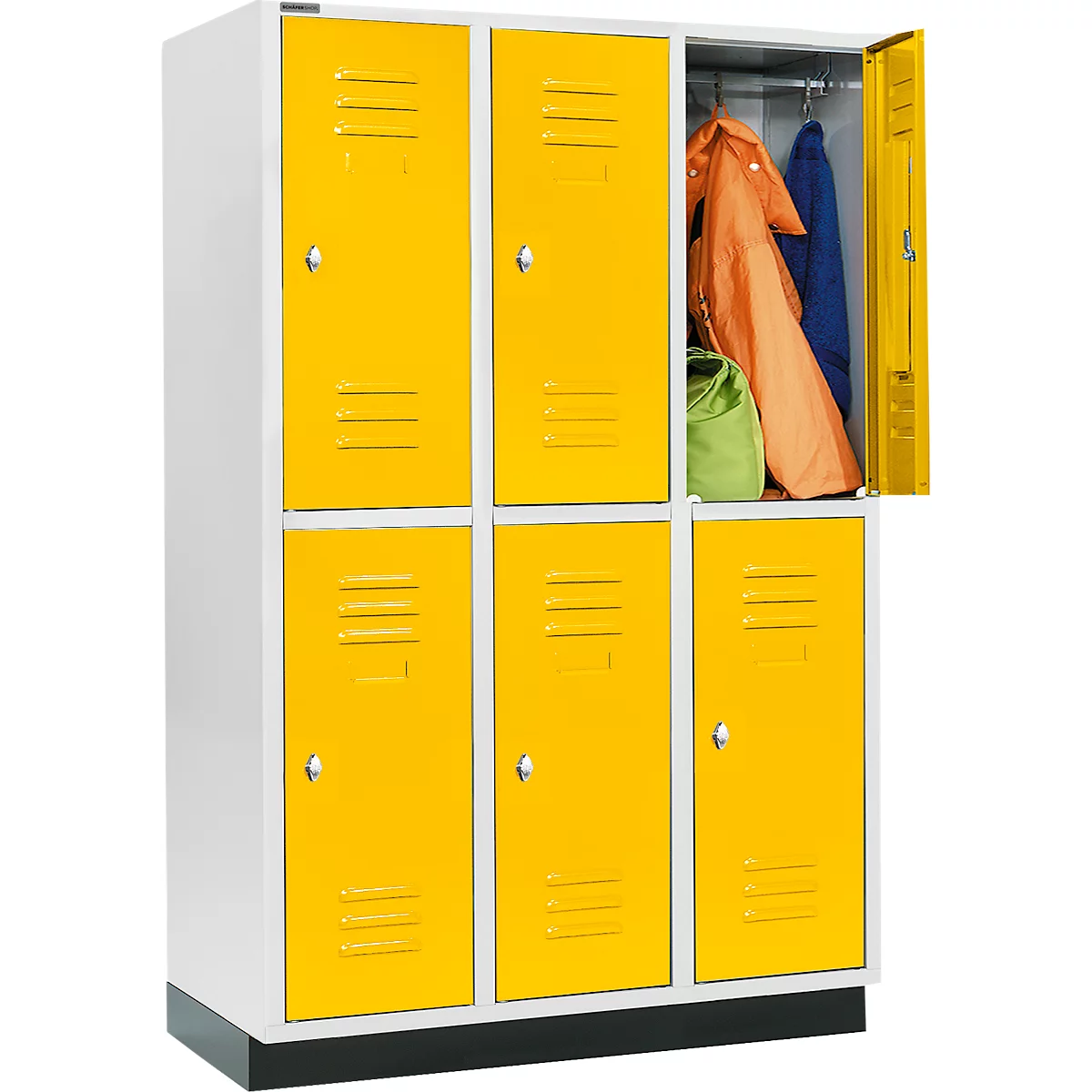 Schäfer Shop Select Kledinglocker, met 3 x 2 compartimenten, 400 mm, met sokkel, draaigrendelslot, Deur koolzaadgeel
