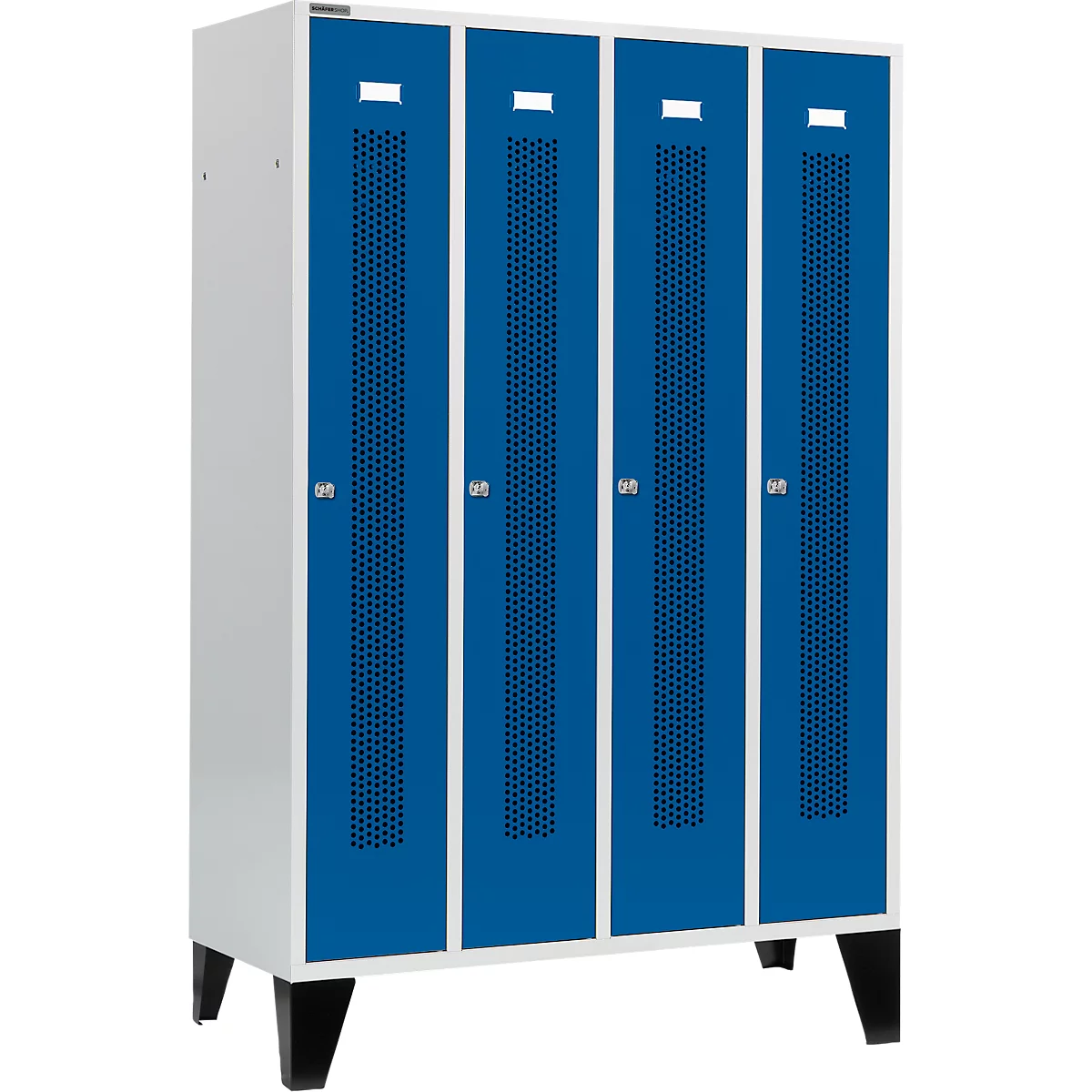 Schäfer Shop Select Kledinglocker met geperforeerde lijnen, 4 compartimenten, met poten, cilinderslot, deur gentiaanblauw