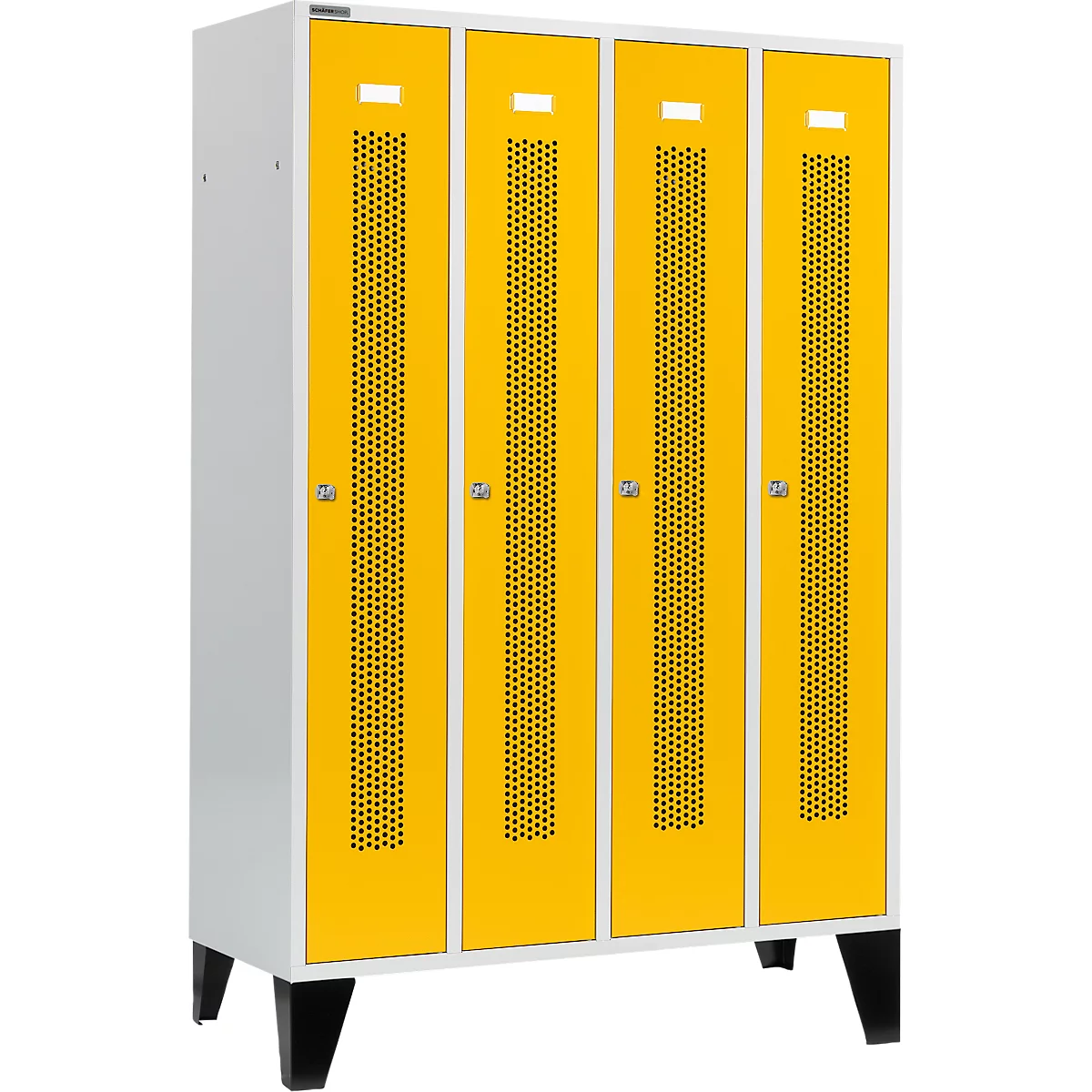 Schäfer Shop Select Kledinglocker met geperforeerde lijnen, 4 compartimenten, met poten, cilinderslot, Deur koolzaadgeel
