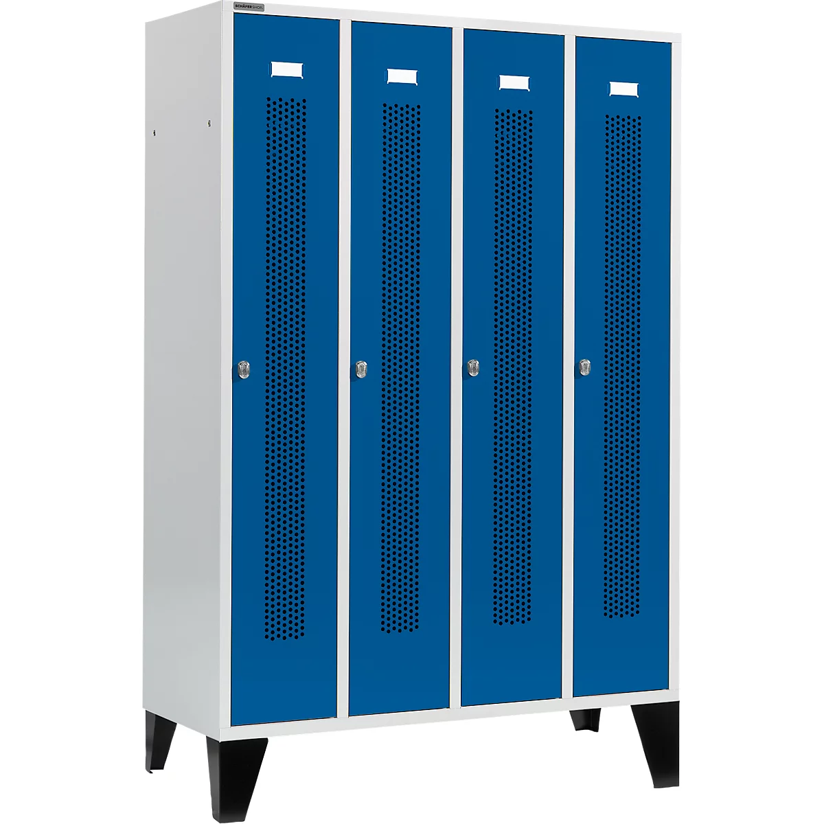 Een blauwe locker met vier deuren. De deuren hebben een geperforeerd patroon en witte frames. De locker staat op zwarte poten.