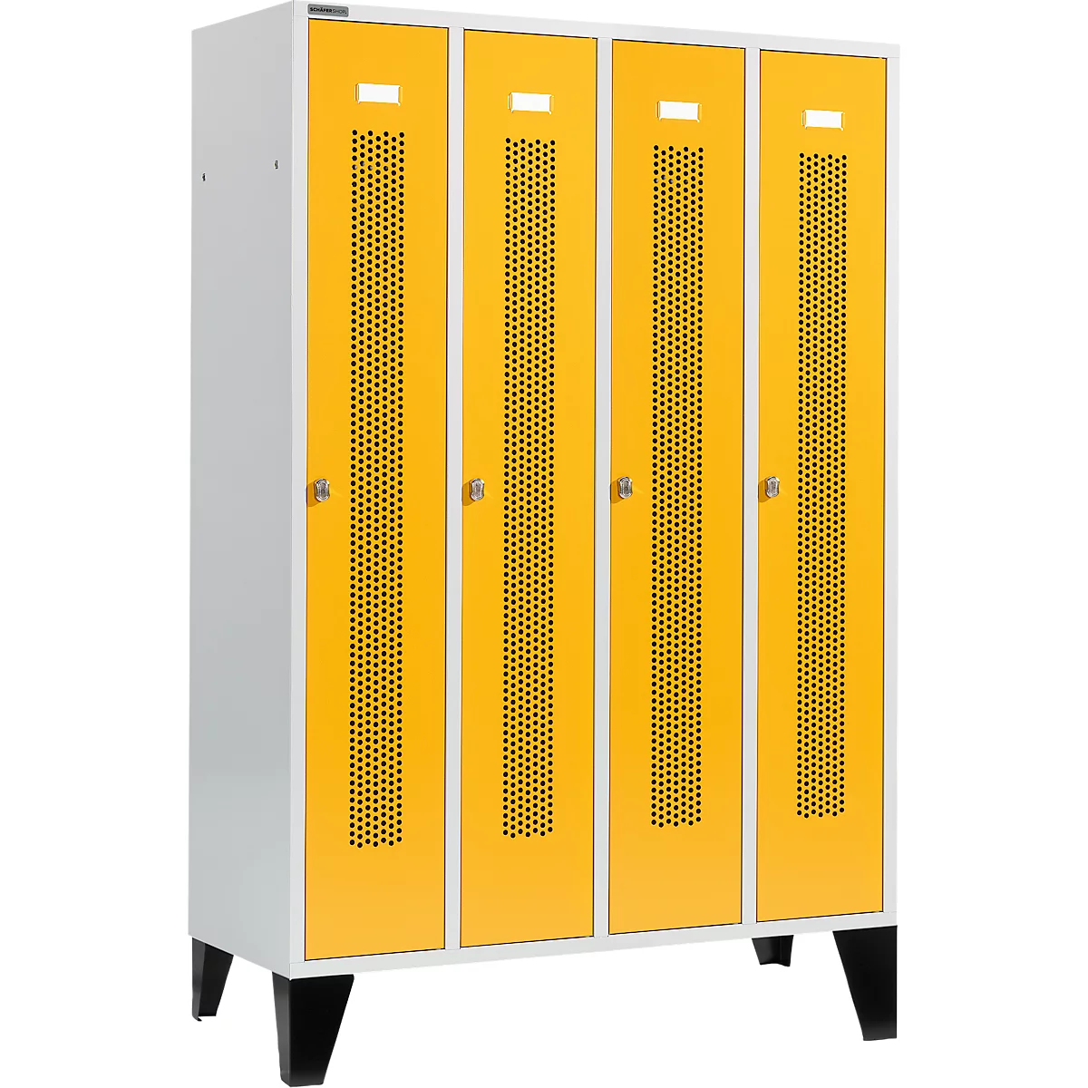 Schäfer Shop Select Kledinglocker met geperforeerde lijnen, 4 compartimenten, met poten, draaigrendelslot, deur koolzaadgeel