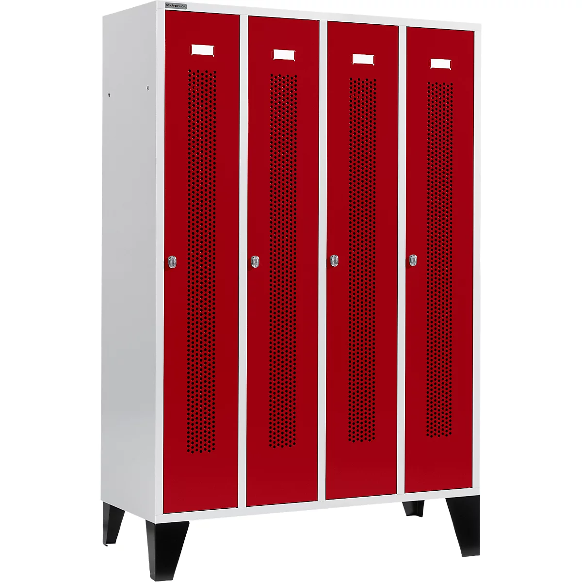 Schäfer Shop Select Kledinglocker met geperforeerde lijnen, 4 compartimenten, met poten, draaigrendelslot, Deur robijnrood