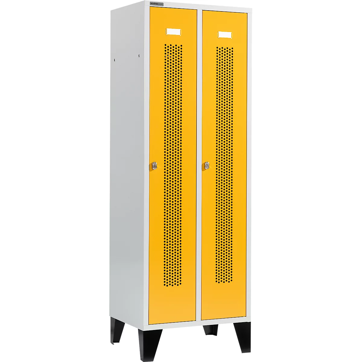 Schäfer Shop Select Kledinglocker, met geperforeerde rijen, 2 compartimenten, 300 mm, met poten, draaigrendelslot, Deur koolzaadgeel