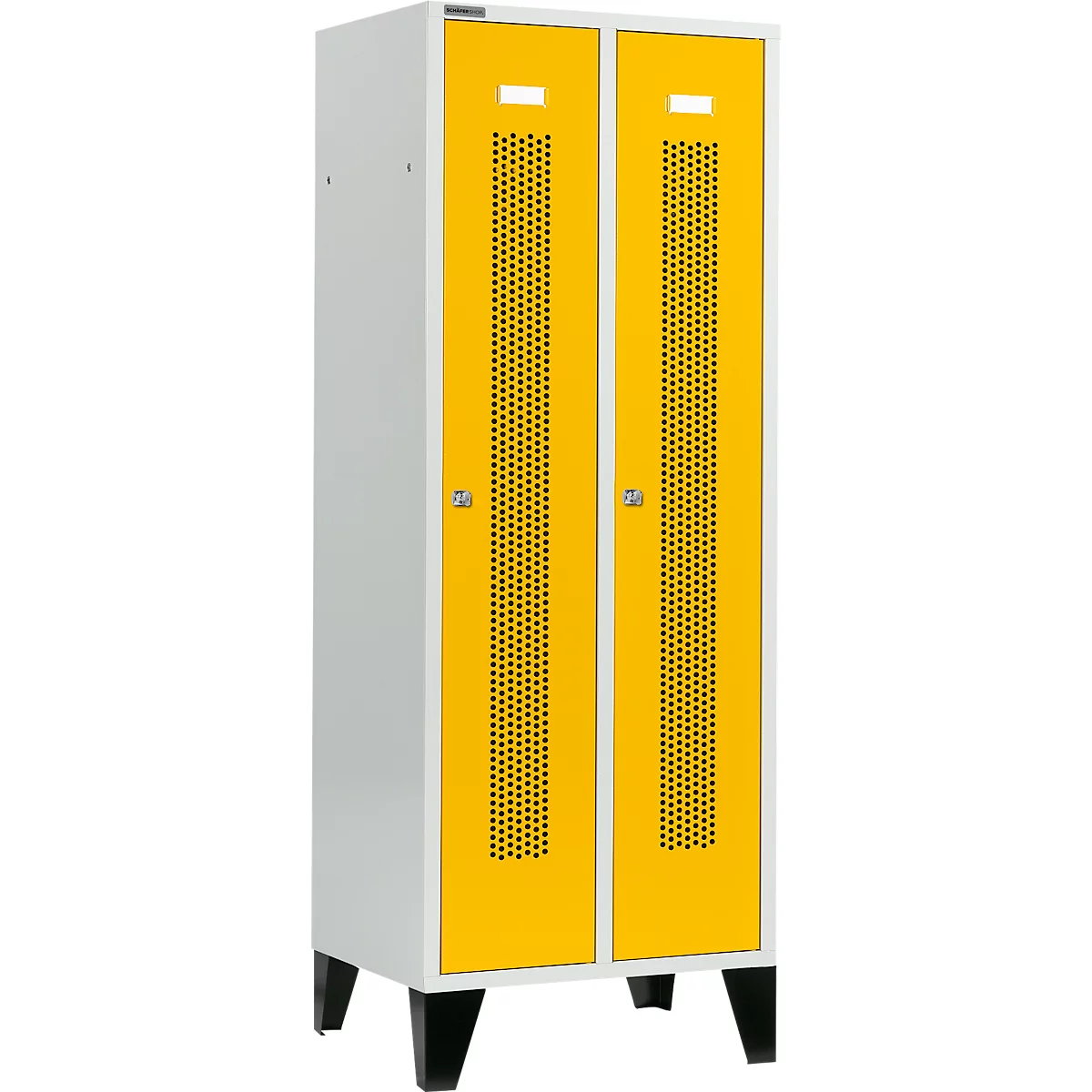 Schäfer Shop Select Kledinglocker, met geperforeerde rijen, 2 compartimenten, 400 mm, met poten, cilinderslot, Deur koolzaadgeel