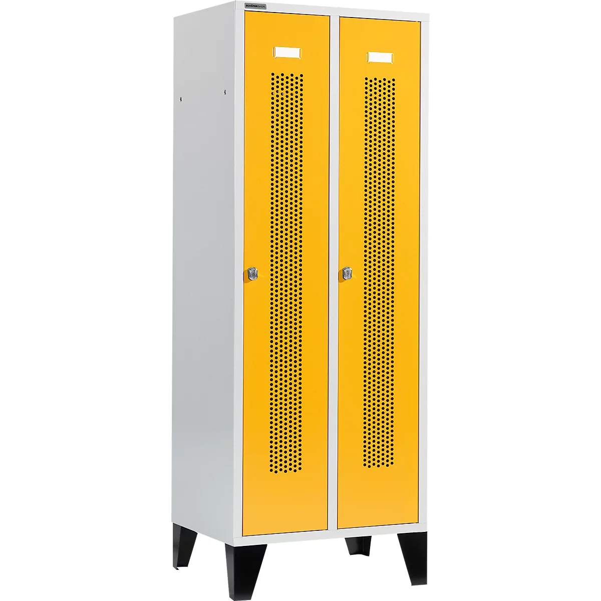 Schäfer Shop Select Kledinglocker, met geperforeerde rijen, 2 compartimenten, 400 mm, met poten, draaigrendelslot, deur geel