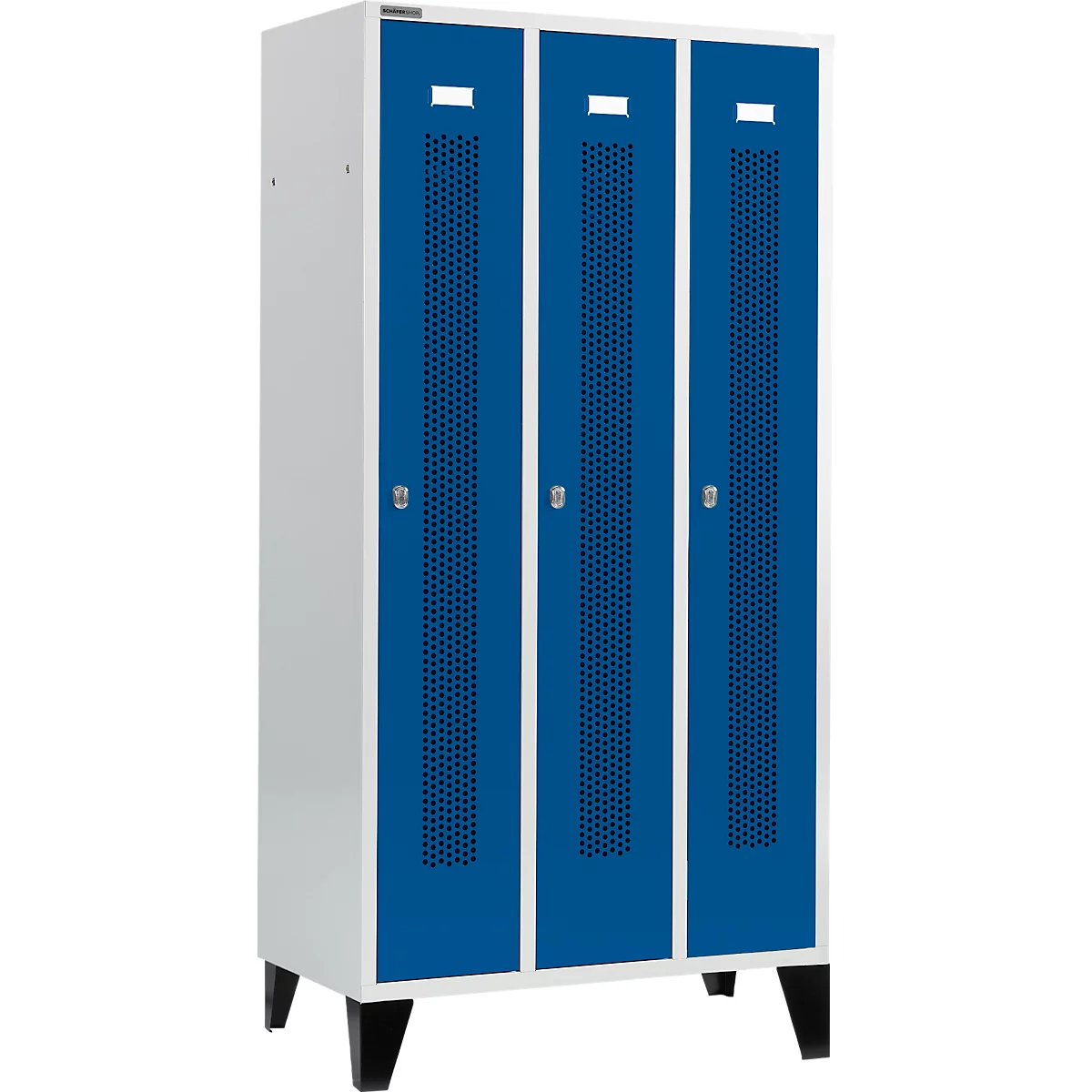 Schäfer Shop Select Kledinglocker, met geperforeerde rijen, 3 compartimenten, 300 mm, met poten, draaigrendelslot, deur gentiaanblauw