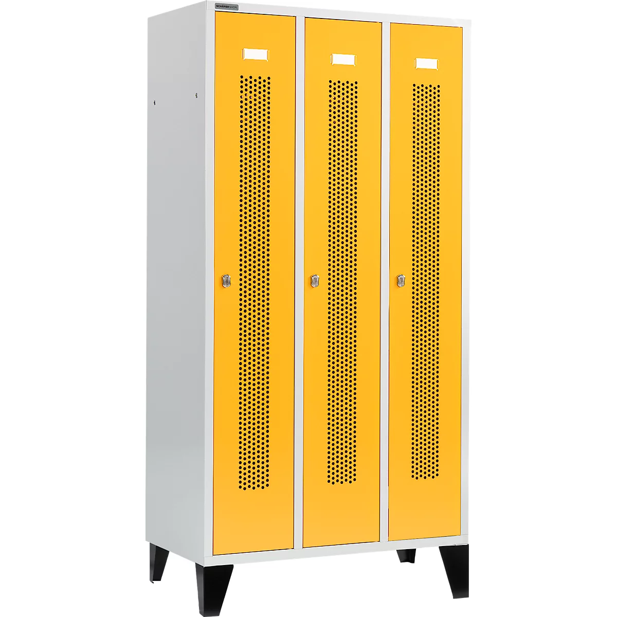 Schäfer Shop Select Kledinglocker, met geperforeerde rijen, 3 compartimenten, 300 mm, met poten, draaigrendelslot, deur koolzaadgeel