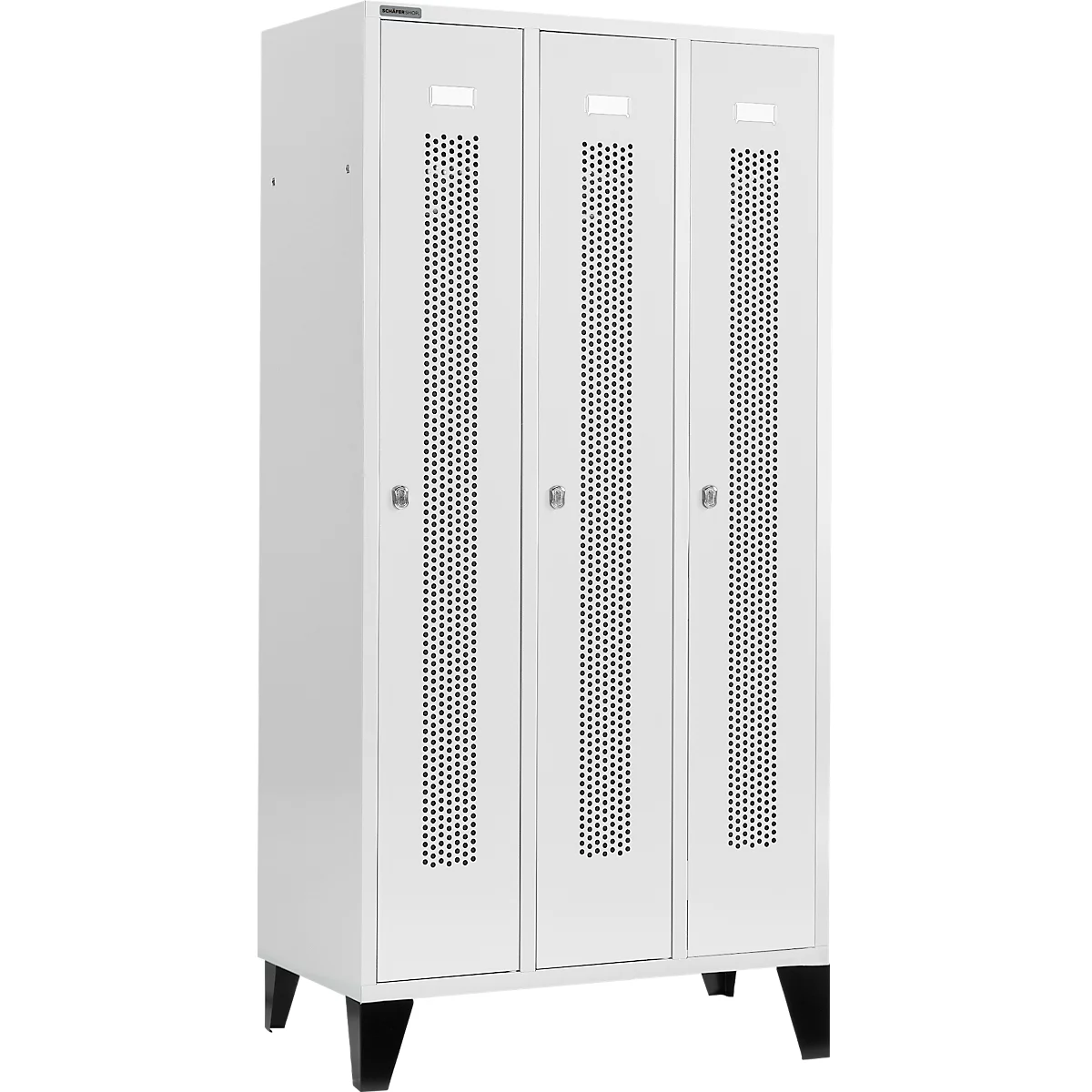 Schäfer Shop Select Kledinglocker, met geperforeerde rijen, 3 compartimenten, 300 mm, met poten, draaigrendelslot, deur lichtgrijs