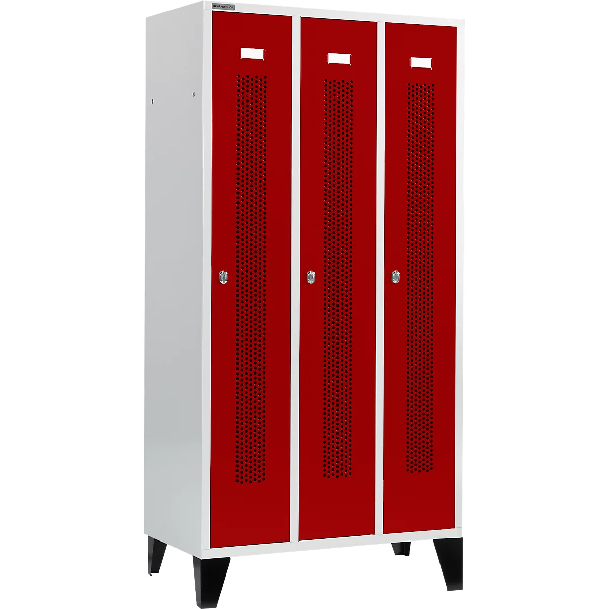 Schäfer Shop Select Kledinglocker, met geperforeerde rijen, 3 compartimenten, 300 mm, met poten, draaigrendelslot, Deur robijnrood