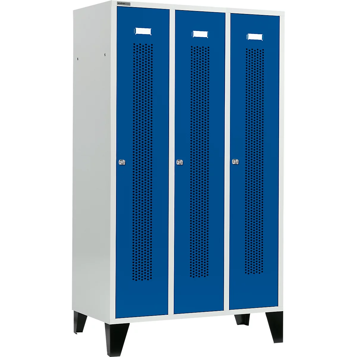 Schäfer Shop Select Kledinglocker, met geperforeerde rijen, 3 compartimenten, 400 mm, met poten, cilinderslot, deur gentiaanblauw