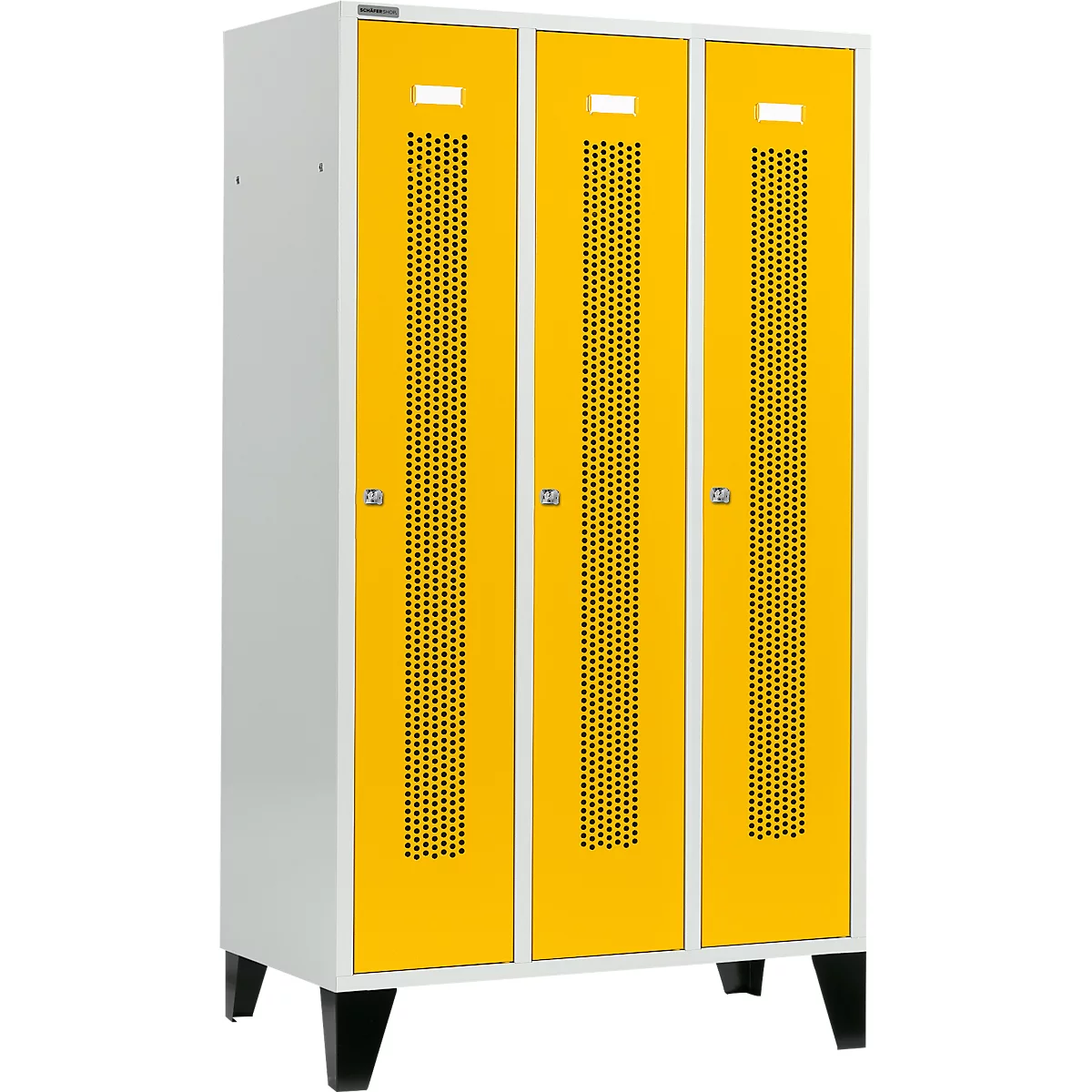 Schäfer Shop Select Kledinglocker, met geperforeerde rijen, 3 compartimenten, 400 mm, met poten, cilinderslot, Deur koolzaadgeel