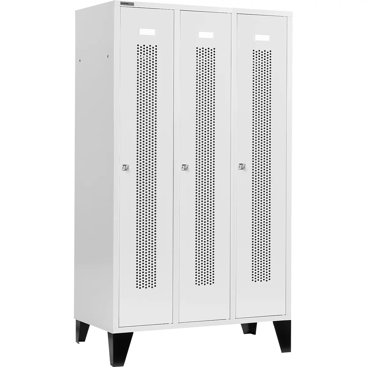 Schäfer Shop Select Kledinglocker, met geperforeerde rijen, 3 compartimenten, 400 mm, met poten, cilinderslot, deur lichtgrijs