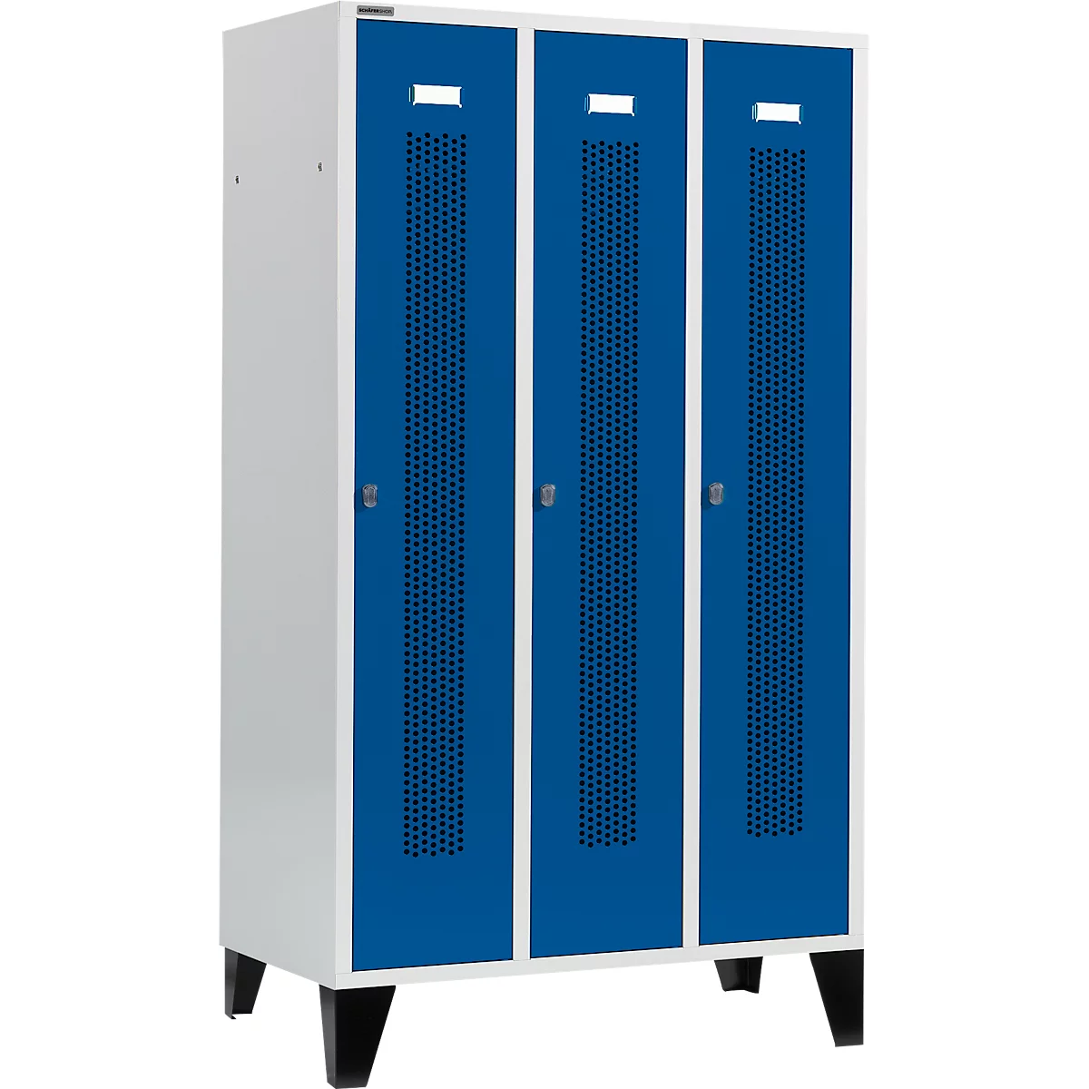 Schäfer Shop Select Kledinglocker, met geperforeerde rijen, 3 compartimenten, 400 mm, met poten, draaigrendelslot, deur gentiaanblauw