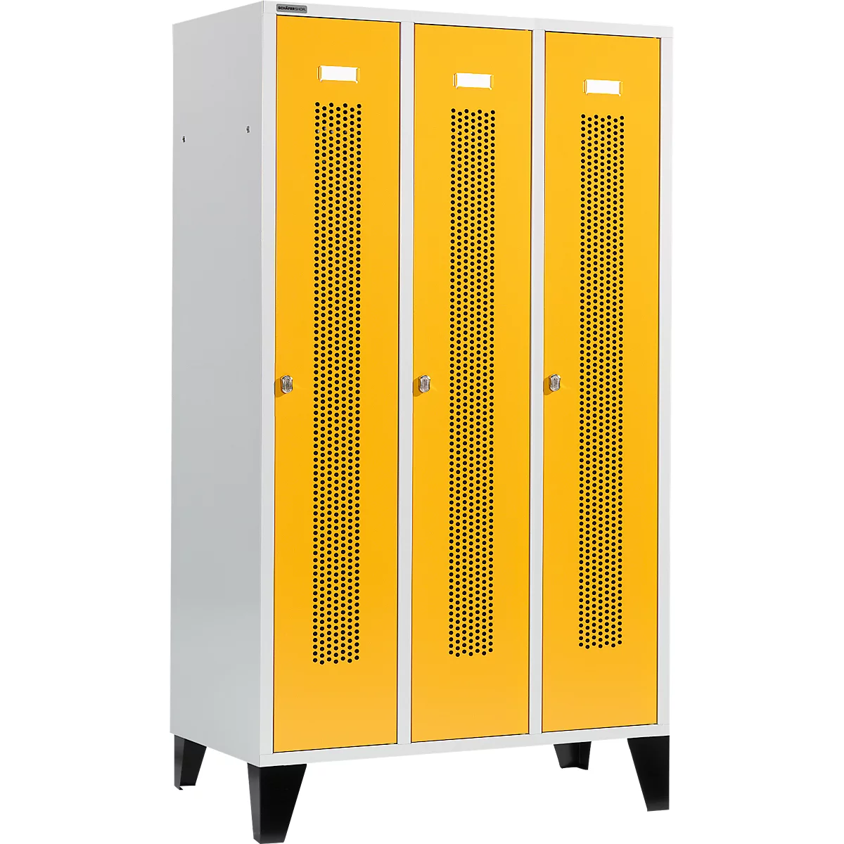 Schäfer Shop Select Kledinglocker, met geperforeerde rijen, 3 compartimenten, 400 mm, met poten, draaigrendelslot, Deur koolzaadgeel