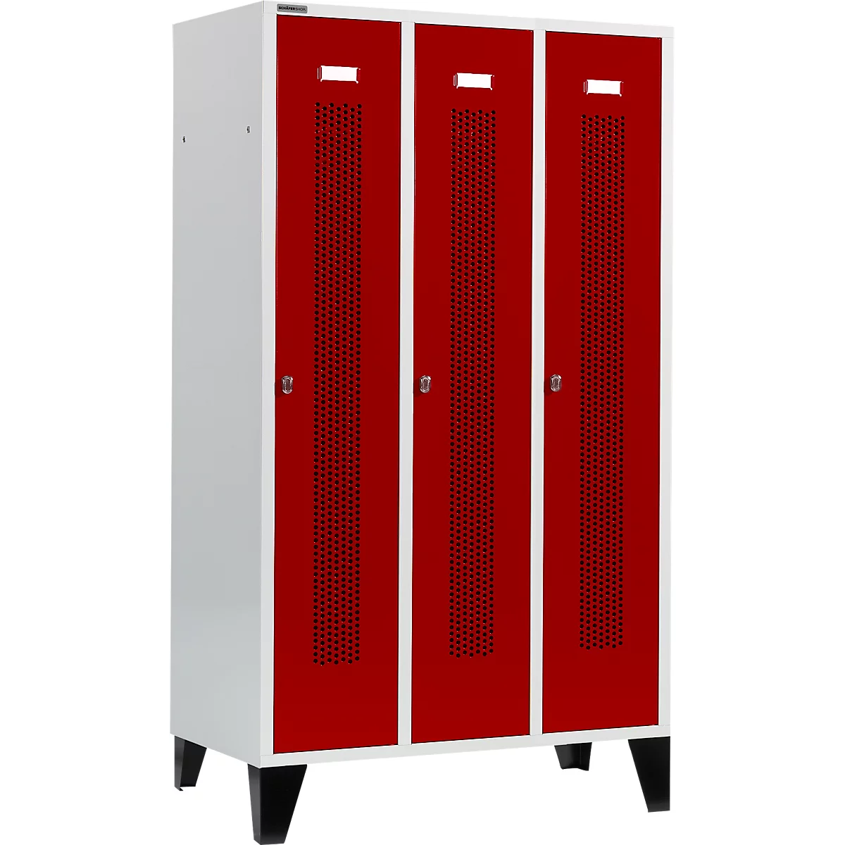 Schäfer Shop Select Kledinglocker, met geperforeerde rijen, 3 compartimenten, 400 mm, met poten, draaigrendelslot, Deur robijnrood