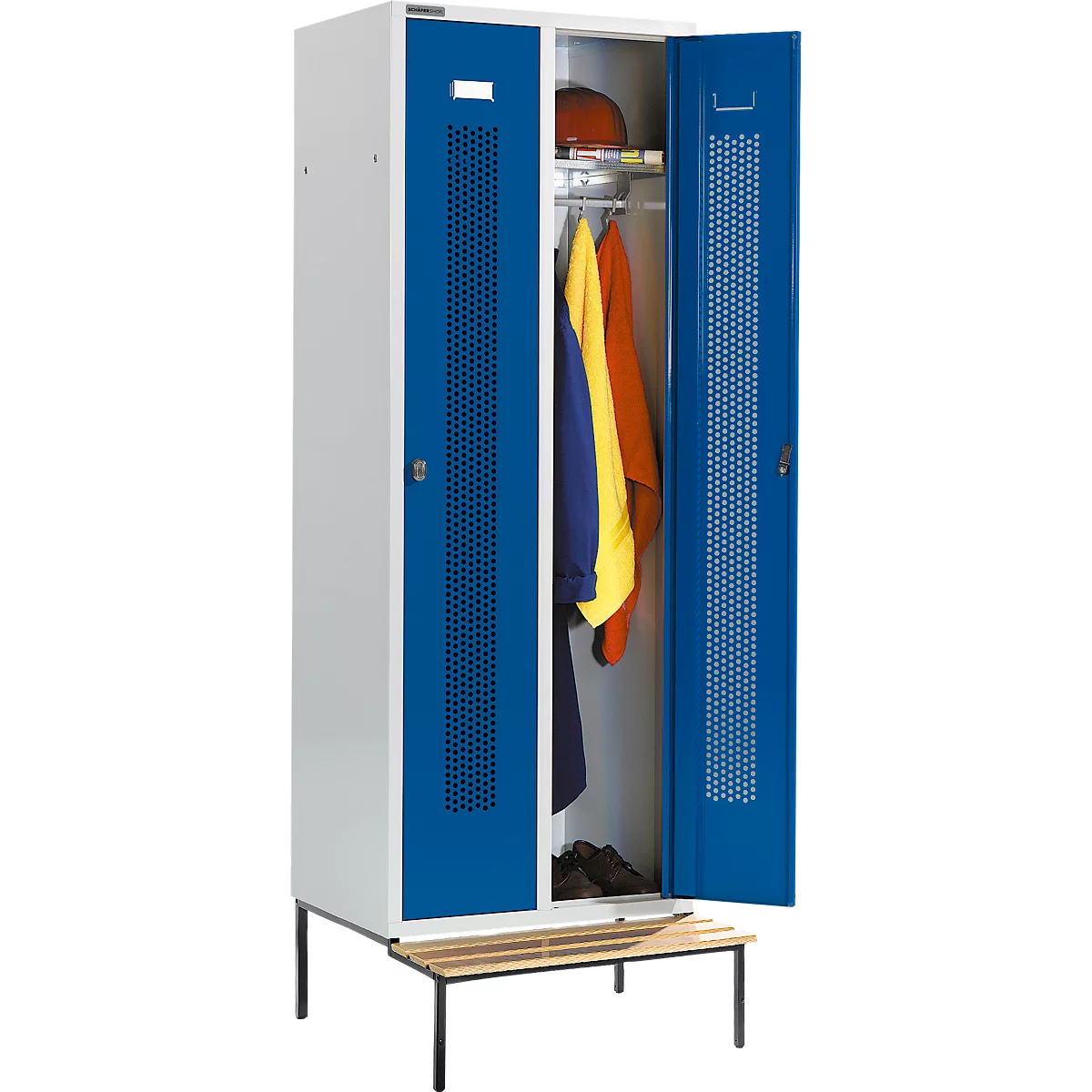 Schäfer Shop Select Kledinglocker, met zitbank, 2 compartimenten, 300 mm, draaigrendelslot, deur gentiaanblauw
