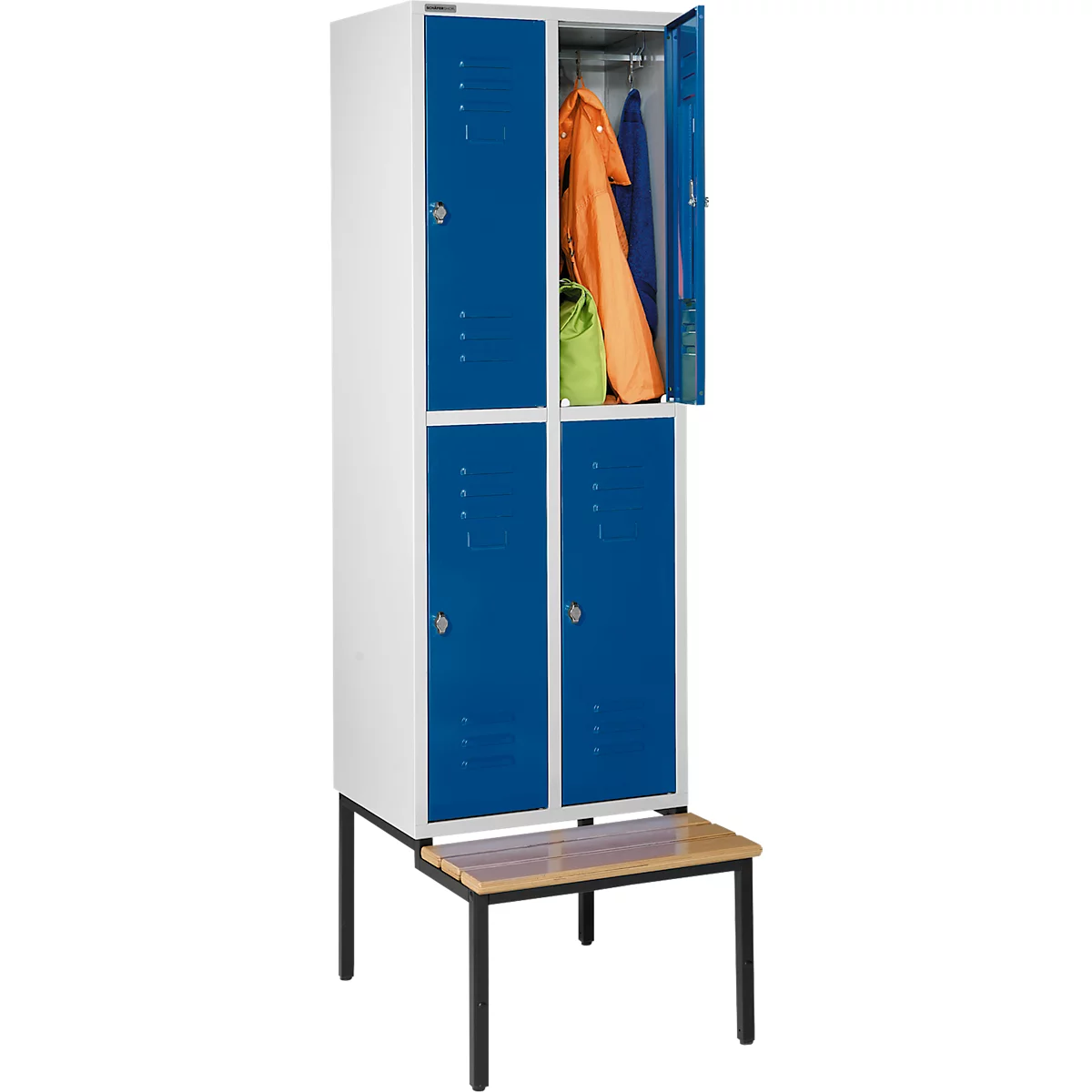 Schäfer Shop Select Kledinglocker, met zitbank, 2x2 compartimenten 300 mm, draaigrendelslot, lichtgrijs/gentiaanblauw