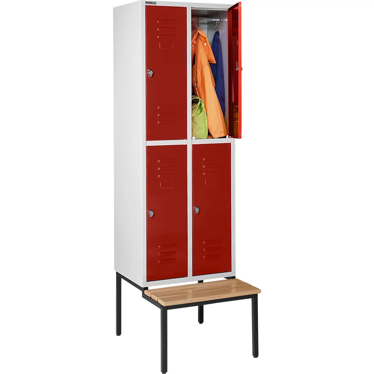 Schäfer Shop Select Kledinglocker, met zitbank, 2x2 compartimenten 300 mm, draaigrendelslot, lichtgrijs/robijnrood