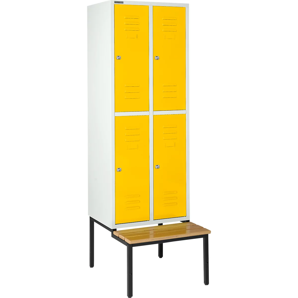 Schäfer Shop Select Kledinglocker, met zitbank, 2x2 compartimenten 400 mm, cilinderslot, Deur koolzaadgeel