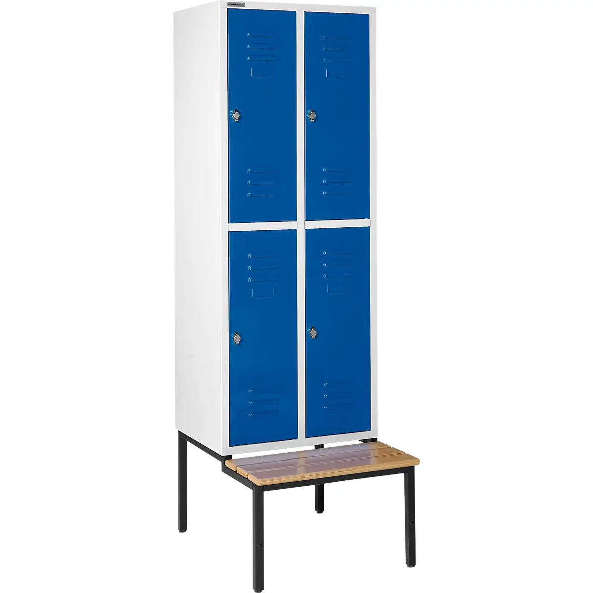 Schäfer Shop Select Kledinglocker, met zitbank, 2x2 compartimenten, 400 mm, draaigrendelslot, lichtgrijs/gentiaanblauw