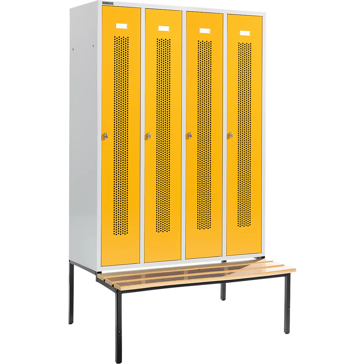Schäfer Shop Select Kledinglocker, met zitbank, 4 compartimenten, 300 mm, draaigrendelslot, Deur koolzaadgeel