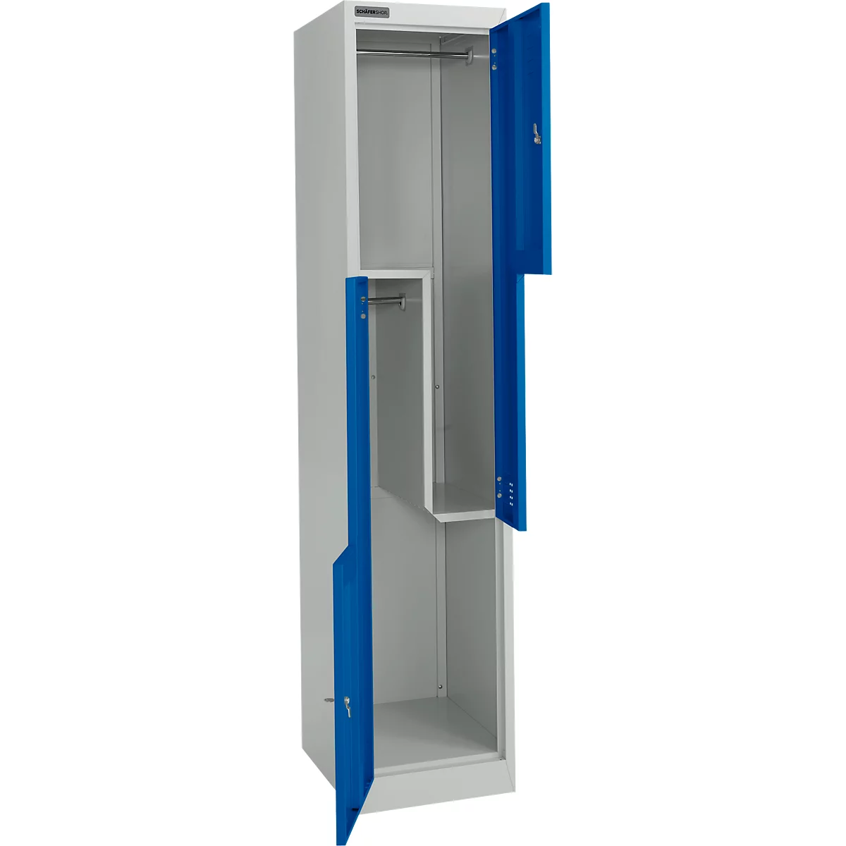 Schäfer Shop Select Kleiderspind, 2 Abteile mit Hutboden & Kleiderstange sowie 2 Fächer, Z-Türen, Zylinderschloss, mit Sockel, B 400 x T 450 x H 1850 mm, Stahl pulverbeschichtet, lichtgrau/enzianblau