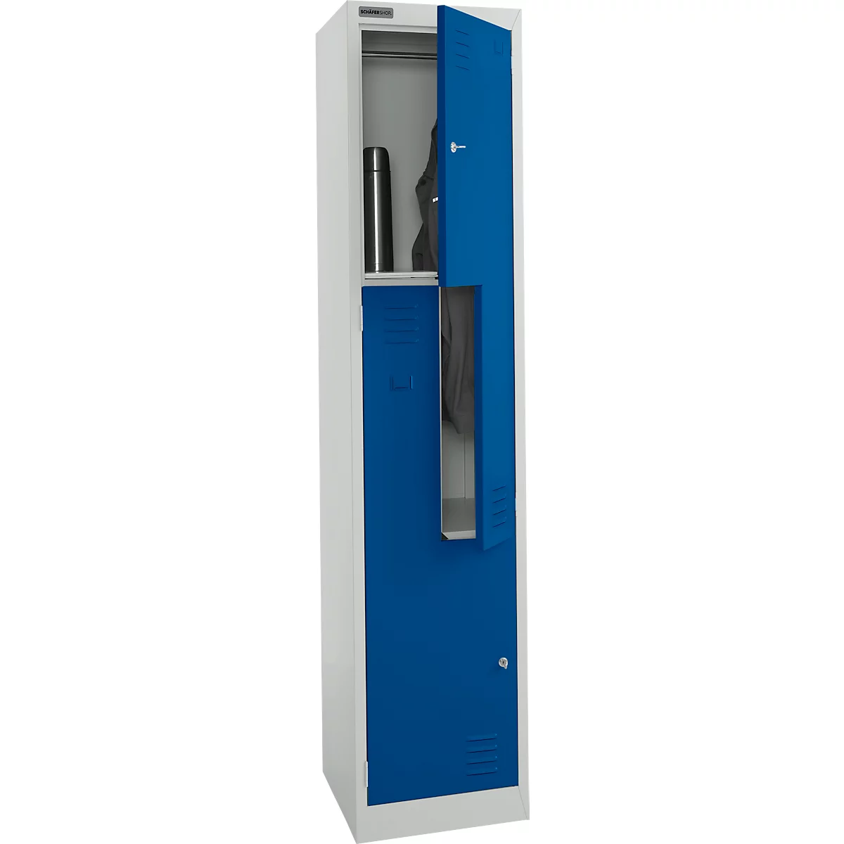 Schäfer Shop Select Kleiderspind, 2 Abteile mit Hutboden & Kleiderstange sowie 2 Fächer, Z-Türen, Zylinderschloss, mit Sockel, B 400 x T 450 x H 1850 mm, Stahl pulverbeschichtet, lichtgrau/enzianblau