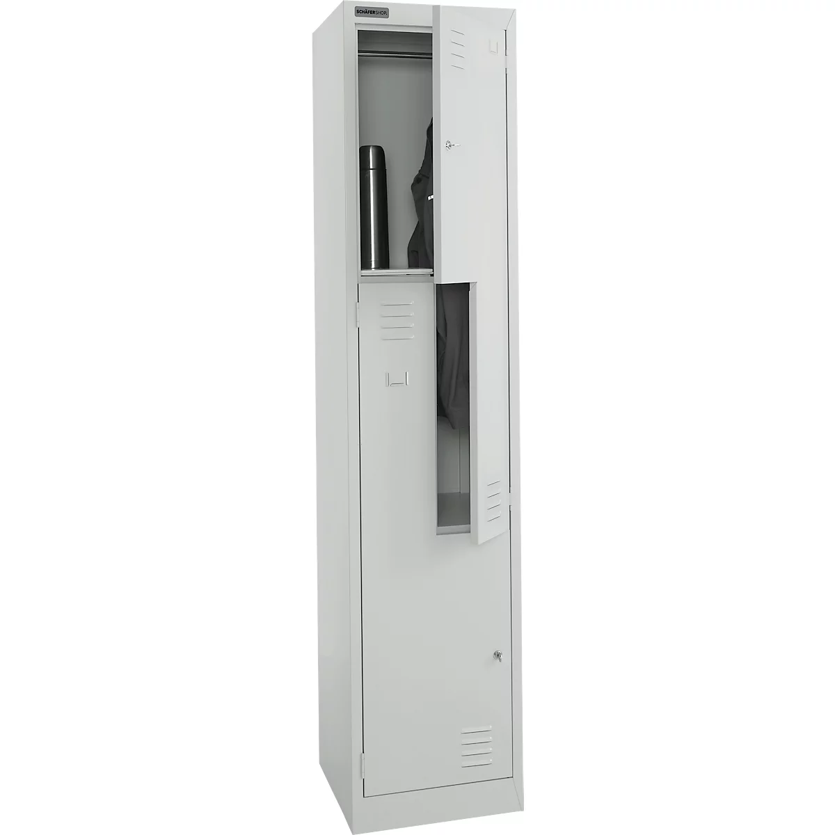 Schäfer Shop Select Kleiderspind, 2 Abteile mit Hutboden & Kleiderstange sowie 2 Fächer, Z-Türen, Zylinderschloss, mit Sockel, B 400 x T 450 x H 1850 mm, Stahl pulverbeschichtet, lichtgrau/lichtgrau