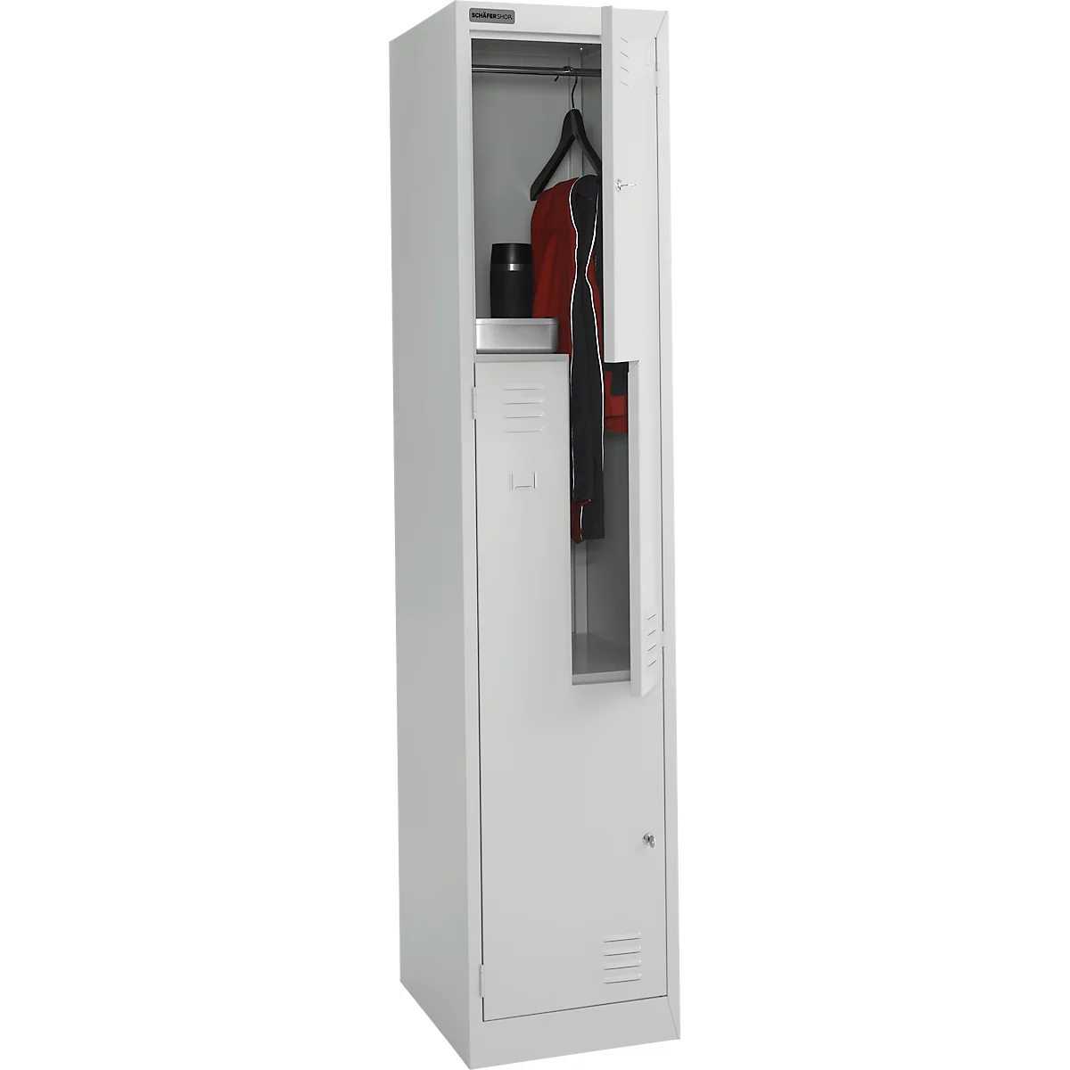 Schäfer Shop Select Kleiderspind, 2 Abteile mit Hutboden & Kleiderstange sowie 2 Fächer, Z-Türen, Zylinderschloss, mit Sockel, B 400 x T 450 x H 1850 mm, Stahl pulverbeschichtet, lichtgrau/lichtgrau