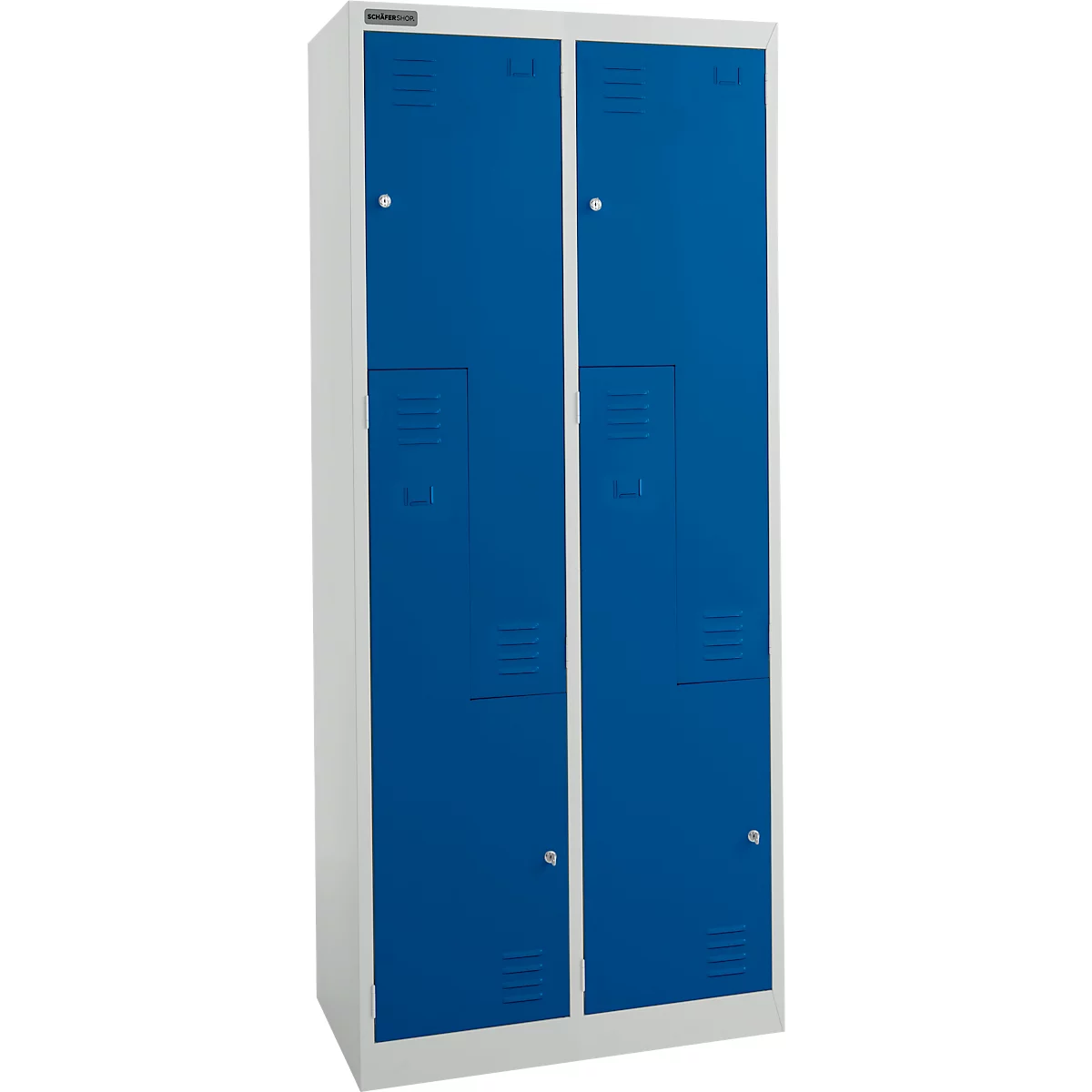 Schäfer Shop Select Kleiderspind, 4 Abteile mit Hutboden & Kleiderstange sowie 4 Fächer, Z-Türen, Zylinderschloss, mit Sockel, B 800 x T 450 x H 1850 mm, Stahl pulverbeschichtet, lichtgrau/enzianblau