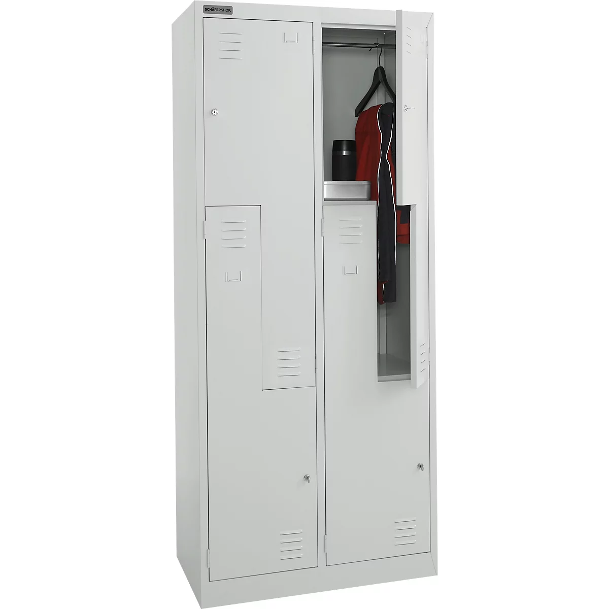 Schäfer Shop Select Kleiderspind, 4 Abteile mit Hutboden & Kleiderstange sowie 4 Fächer, Z-Türen, Zylinderschloss, mit Sockel, B 800 x T 450 x H 1850 mm, Stahl pulverbeschichtet, lichtgrau/lichtgrau