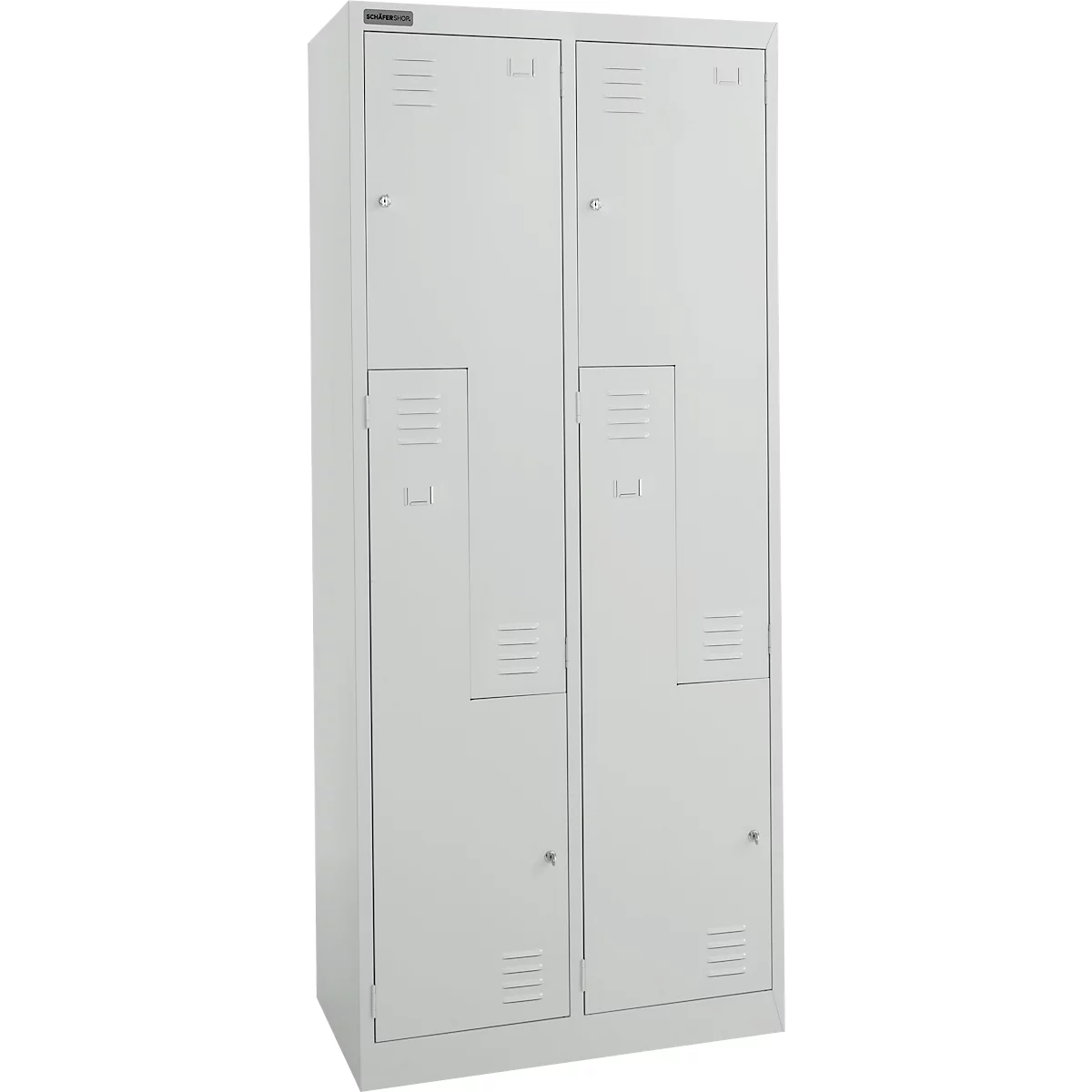 Schäfer Shop Select Kleiderspind, 4 Abteile mit Hutboden & Kleiderstange sowie 4 Fächer, Z-Türen, Zylinderschloss, mit Sockel, B 800 x T 450 x H 1850 mm, Stahl pulverbeschichtet, lichtgrau/lichtgrau