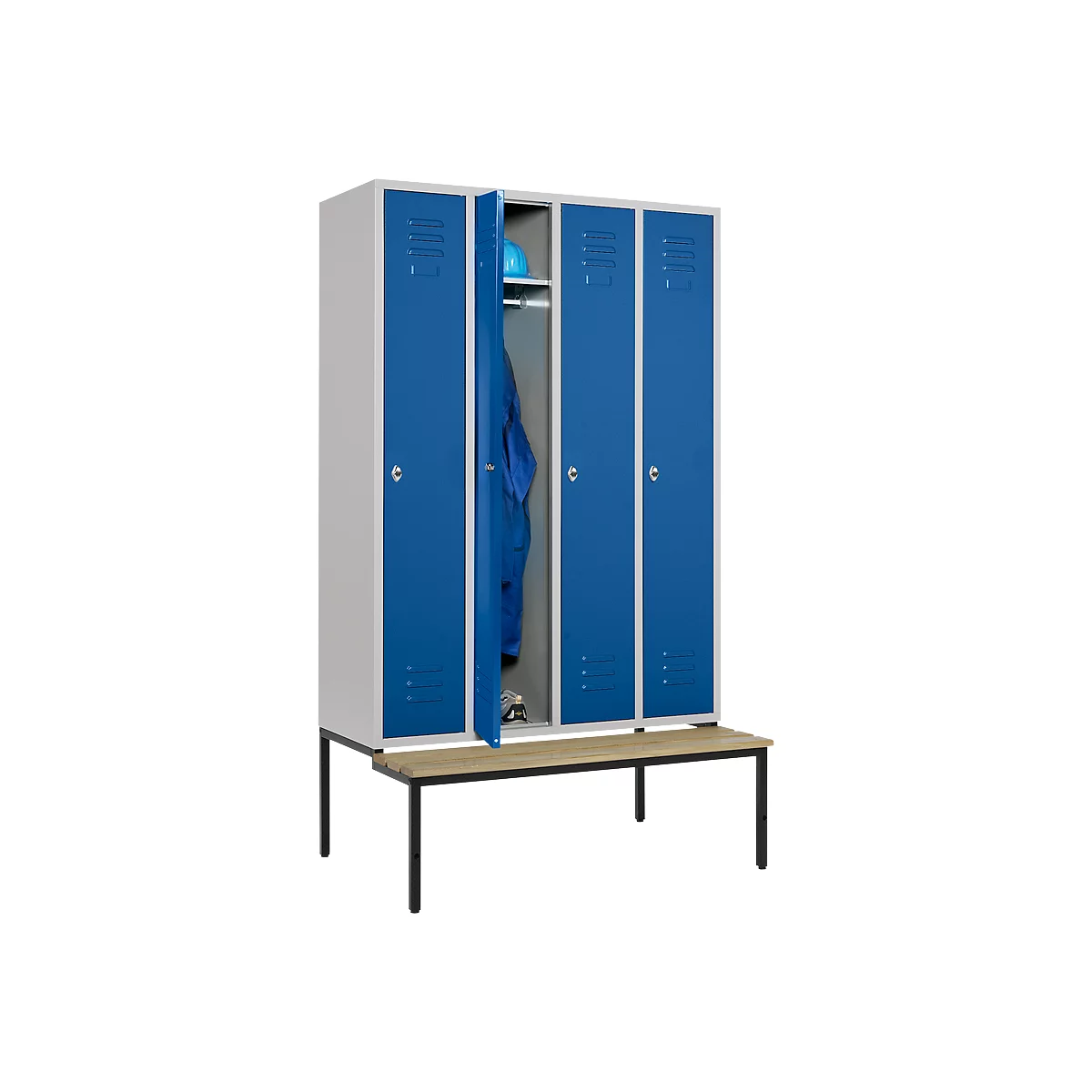 Schäfer Shop Select Kleiderspind, 4 Abteile mit jeweils B 300 mm, Drehriegelverschluss, mit Sitzbank, Tür enzianblau