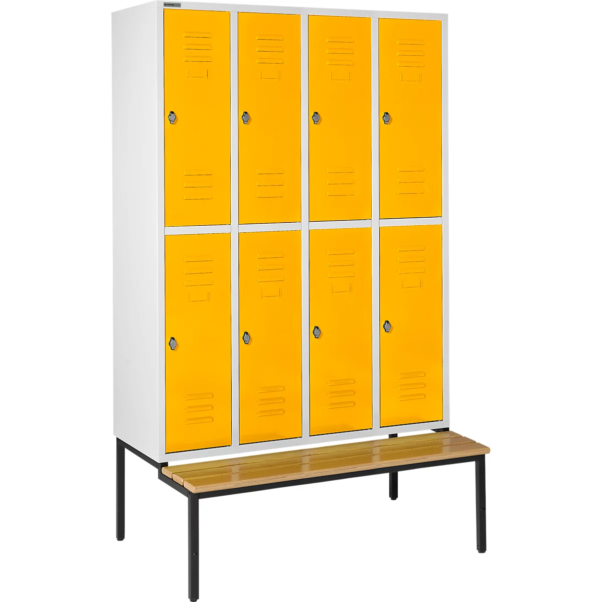 Schäfer Shop Select Kleiderspind, 4x2 Abteile, m. Sitzbank, 300mm, Drehriegelverschluss, Tür rapsgelb