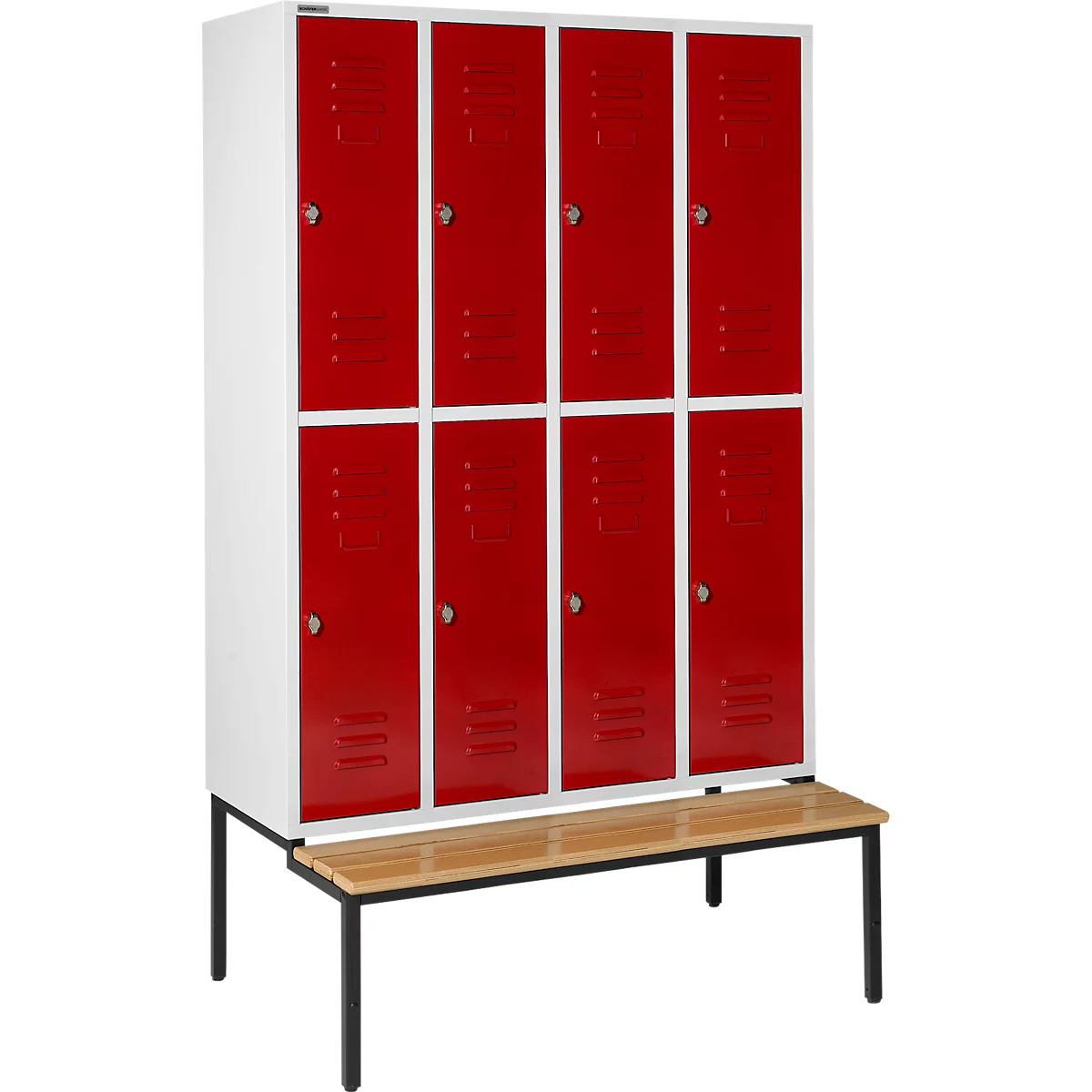 Schäfer Shop Select Kleiderspind, 4x2 Abteile, m. Sitzbank, 300mm, Drehriegelverschluss, Tür rubinrot