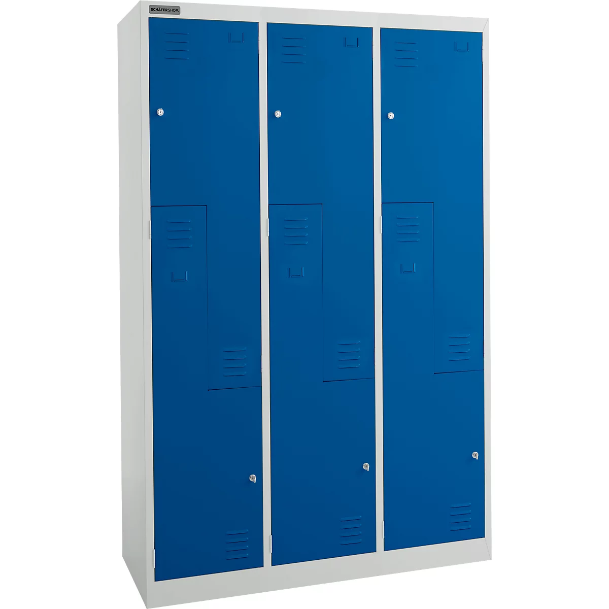 Schäfer Shop Select Kleiderspind, 6 Abteile mit Hutboden & Kleiderstange sowie 6 Fächer, Z-Türen, Zylinderschloss, mit Sockel, B 1200 x T 450 x H 1850 mm, Stahl pulverbeschichtet, lichtgrau/enzianblau