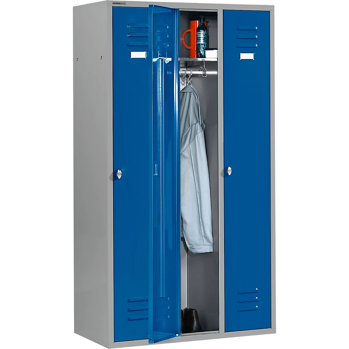 Schäfer Shop Select Kleiderspind mit 3 Abteilen, Drehriegelverschluss, hellsilber/enzianblau