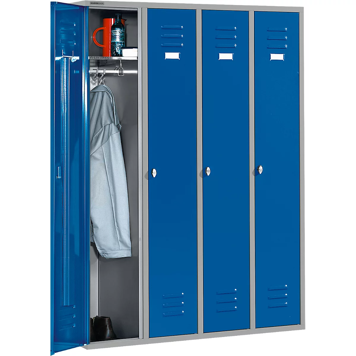 Schäfer Shop Select Kleiderspind mit 4 Abteilen, Drehriegelverschluss, hellsilber/enzianblau