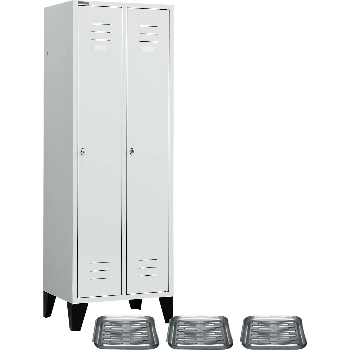 Schäfer Shop Select Kleiderspind, mit Füßen, 2 Abteile mit Innenausstattung, Drehriegelverschluss, 3 Schuhabtropfschalen, Stahl, lichtgrau/lichtgrau