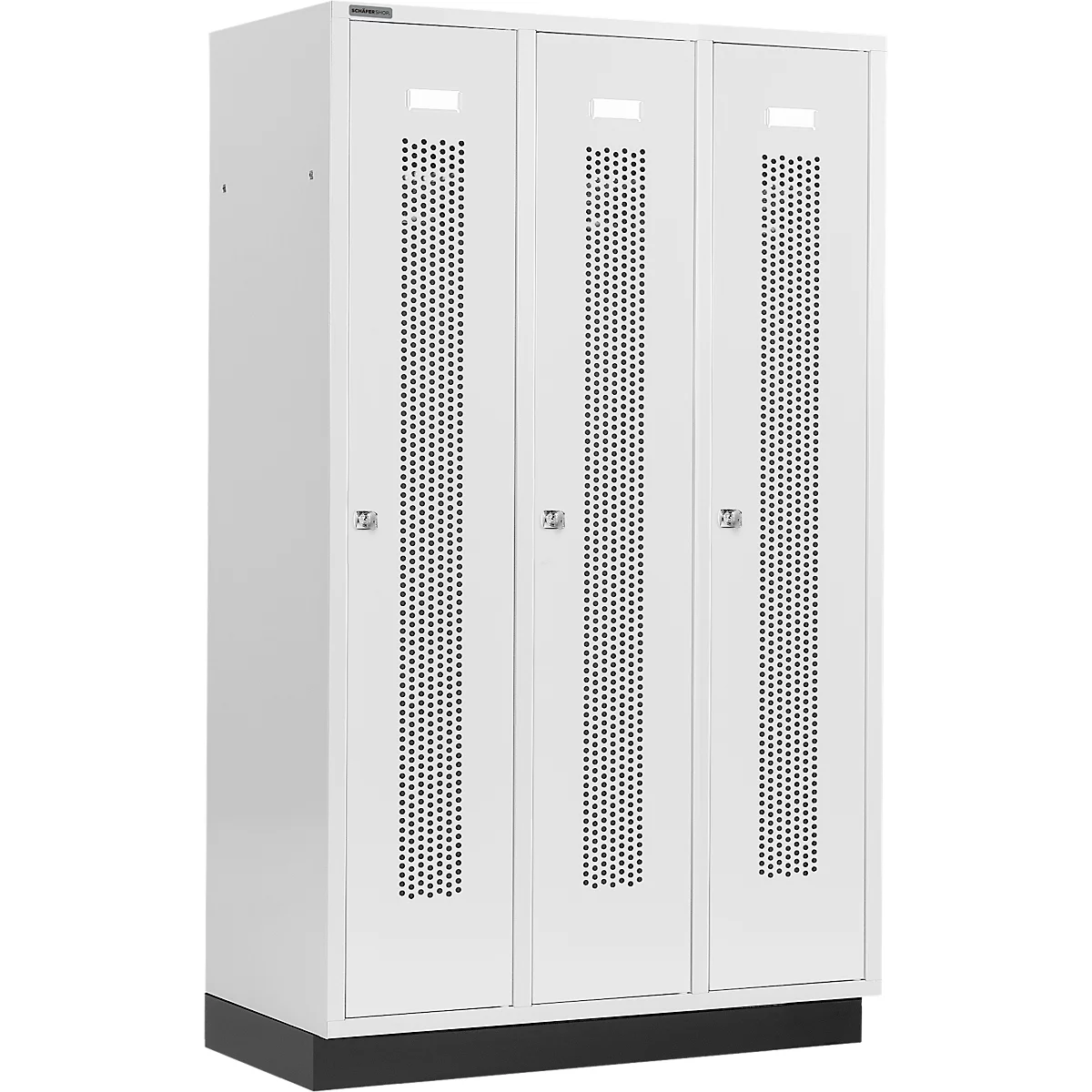 Schäfer Shop Select Kleiderspind mit gelochten Streifen, 3 Abteile, 400 mm, mit Sockel, Zylinderschloss, Tür lichtgrau