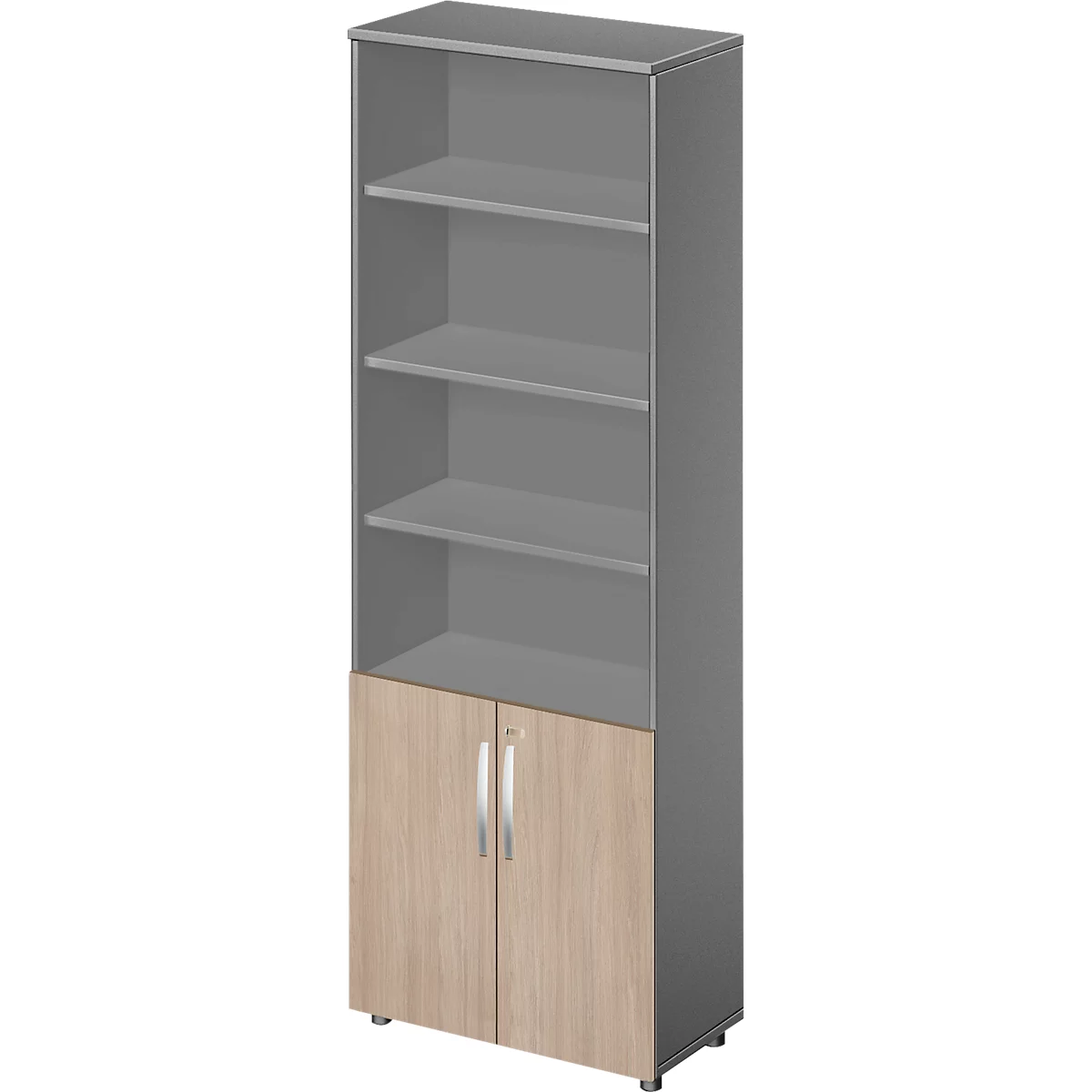 Schäfer Shop Select Kombischrank LOGIN, oben 4 Regale, unten 2 Ordnerhöhen mit Türen, B 800 x T 420 x H 2240 mm, graphi/Eiche