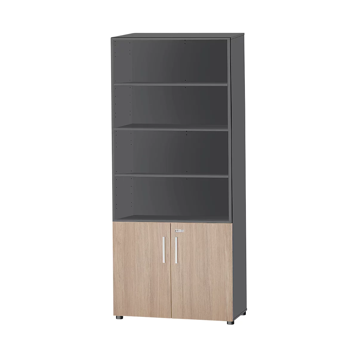 Hoher, grauer Schrank mit offenen Regalen und Schranktüren aus hellem Holz. Silberne Griffe und ein Schloss sind sichtbar.