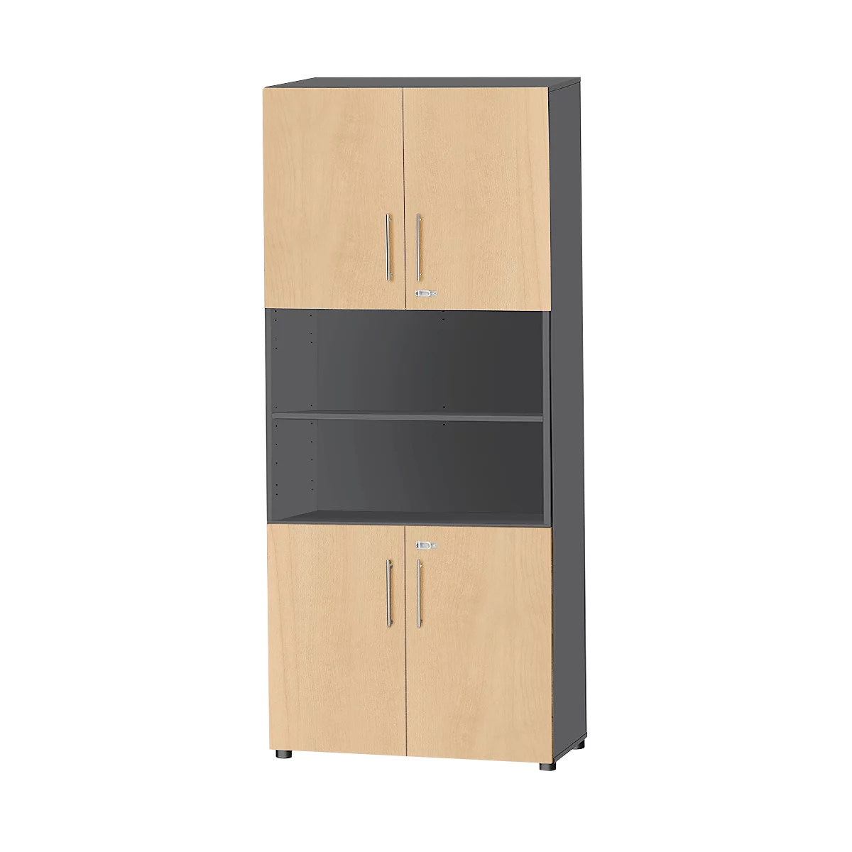 Hoher Büroschrank in Holzoptik mit Türen und offenen Fächern.