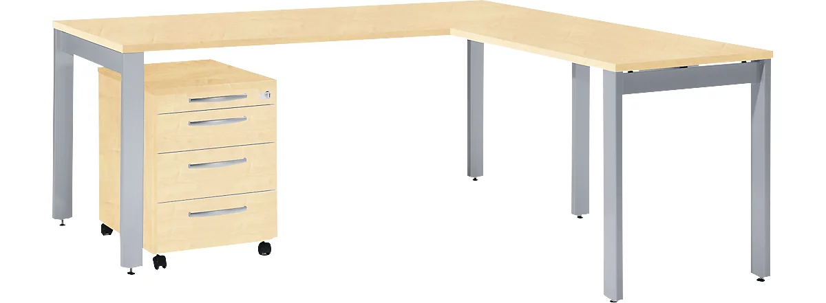 Schäfer Shop Select Komplettset LOGIN, 4-Fuß Schreibtisch 1800 mm, 4-Fuß Anbautisch, Rollcontainer, Ahorn Dekor