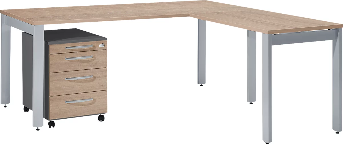 Schäfer Shop Select Komplettset LOGIN, 4-Fuß Schreibtisch 1800 mm, 4-Fuß Anbautisch, Rollcontainer, graphit/Eiche-Dekor