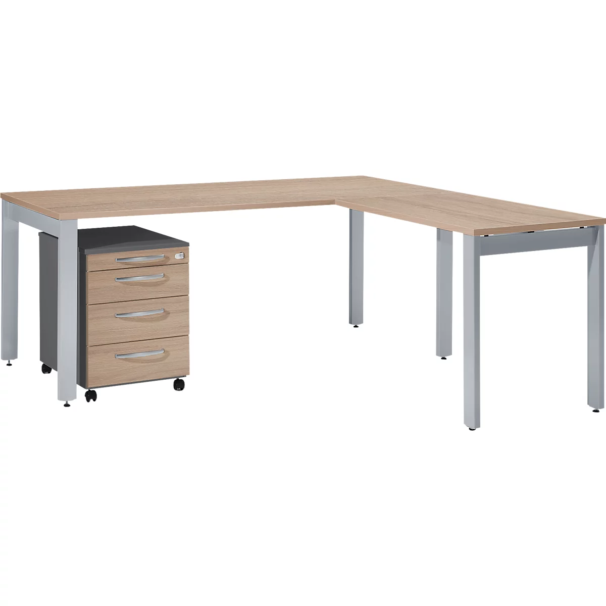 Schäfer Shop Select Komplettset LOGIN, 4-Fuß Schreibtisch 1800 mm, 4-Fuß Anbautisch, Rollcontainer, graphit/Eiche-Dekor