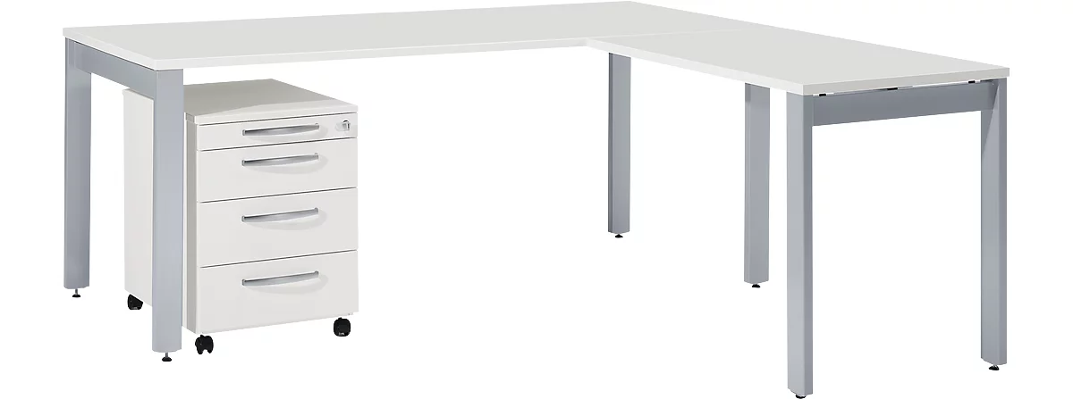 Schäfer Shop Select Komplettset LOGIN, 4-Fuß Schreibtisch 1800 mm, 4-Fuß Anbautisch, Rollcontainer, lichtgrau