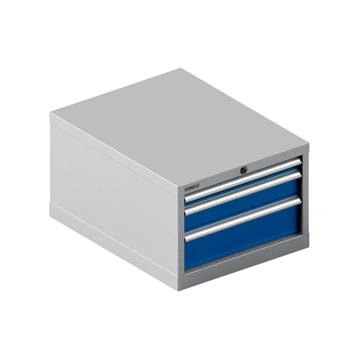 Grijze gereedschapskast met drie blauwe laden, zilveren handgrepen en slot.