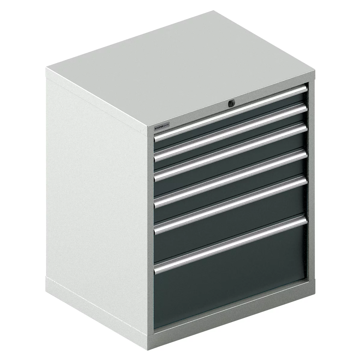 Grijze gereedschapskist met zes laden en zilveren handgrepen. Bovenin het midden een klein slot.